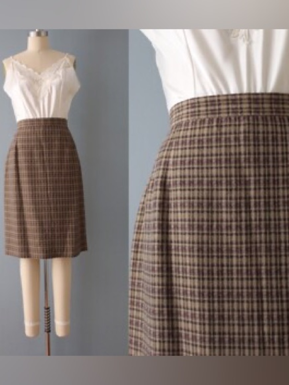 Liz Claiborne vintage Brown pencil Plaid A-Line Skirt preppy linen size 12P